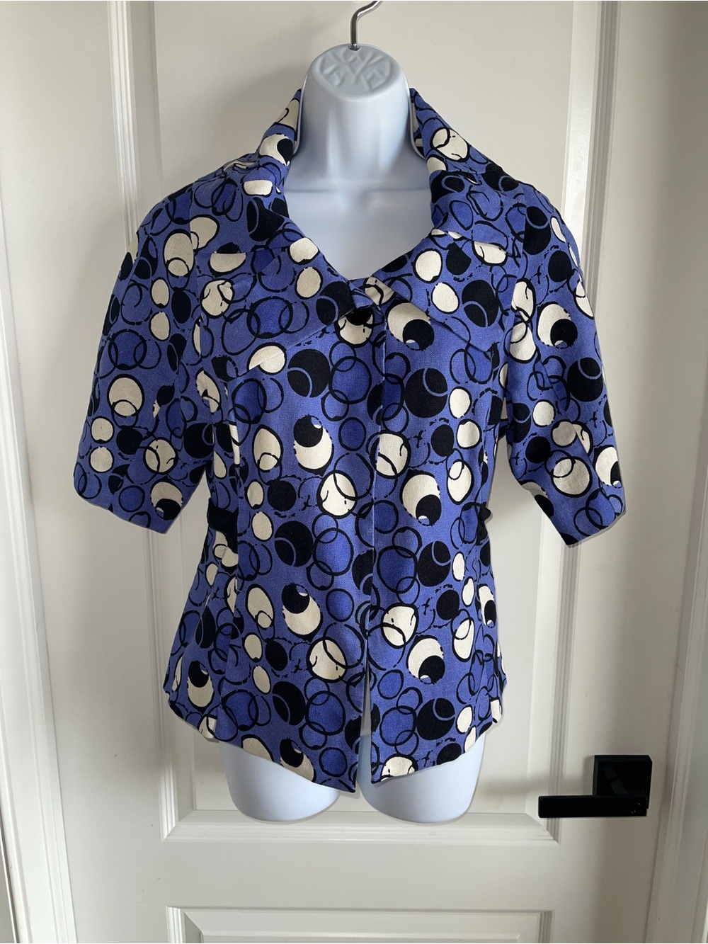 Mac & Jac Blue Retro Circle Print Jacket Blazer Size Medium Tie Waist 3/4 Sleeve